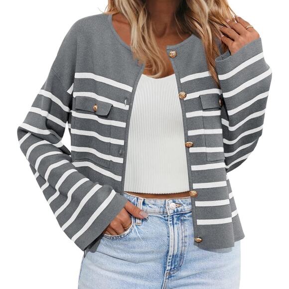 NWT Medium Striped Button Down Crew Neck Cardigan - Picture 1 of 1